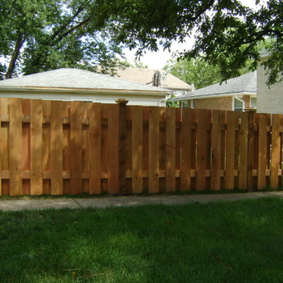 Photo of a shawdowbox wood fence installed by First Fence Company