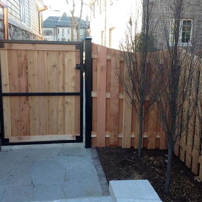 Photo of a custom iron framed gate installed by First Fence