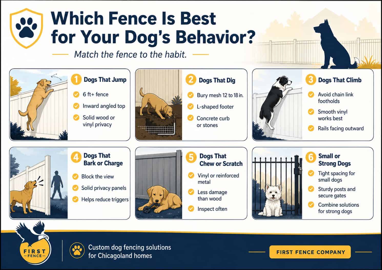 Infographic comparing the best fence types for dogs that jump, dig, climb, bark, chew, or need extra-secure containment.