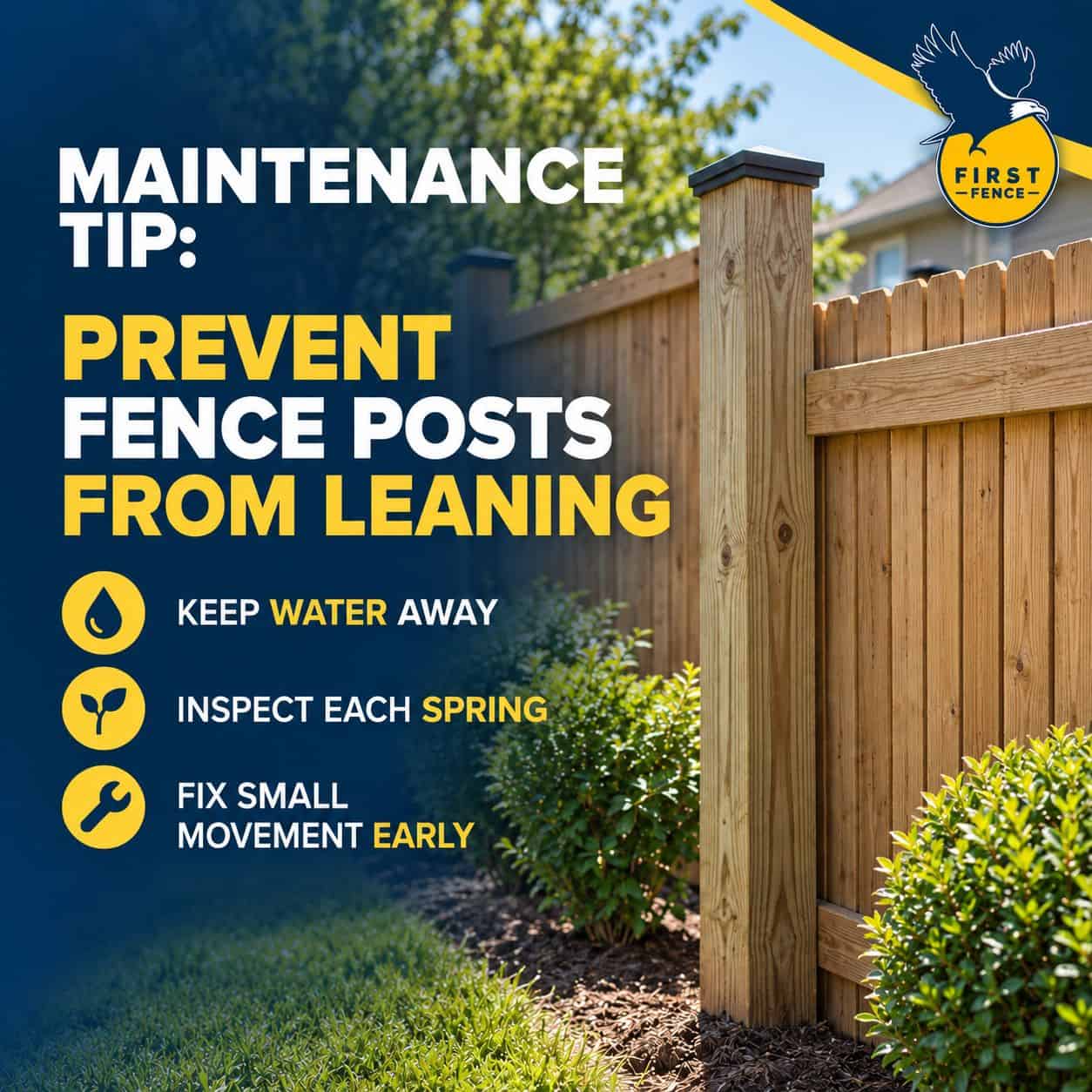 Maintenance tip: prevent fence posts from leaning by keeping water away, inspecting each spring, and fixing small movement early