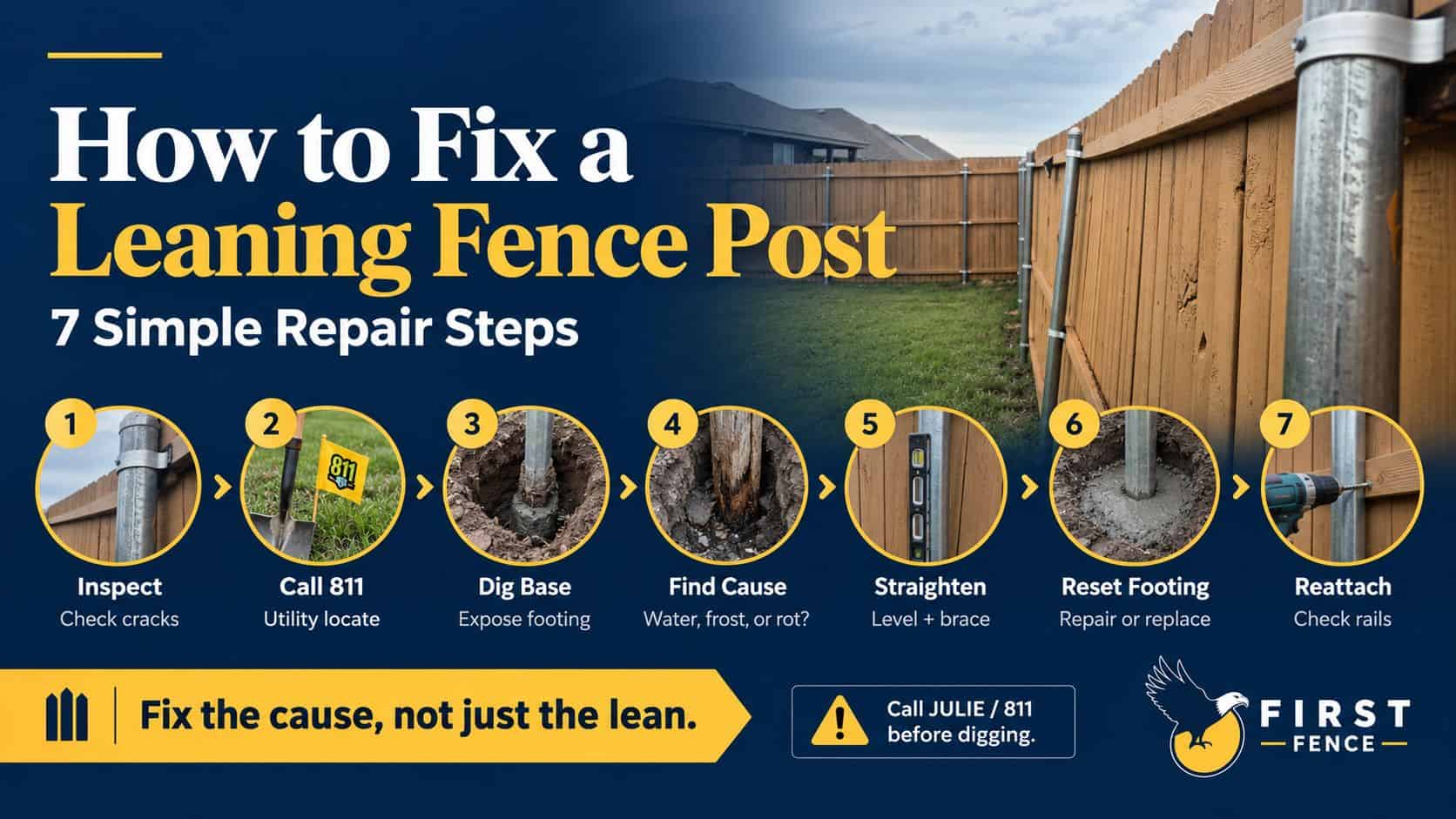 7 steps to fix a leaning fence post: inspect, call 811, dig base, find cause, straighten, reset footing, reattach